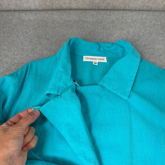 Christopher Calvin Button Collared Top Long Sleeve Blouse‎ Aqua Blue Size Medium - Picture 9 of 13